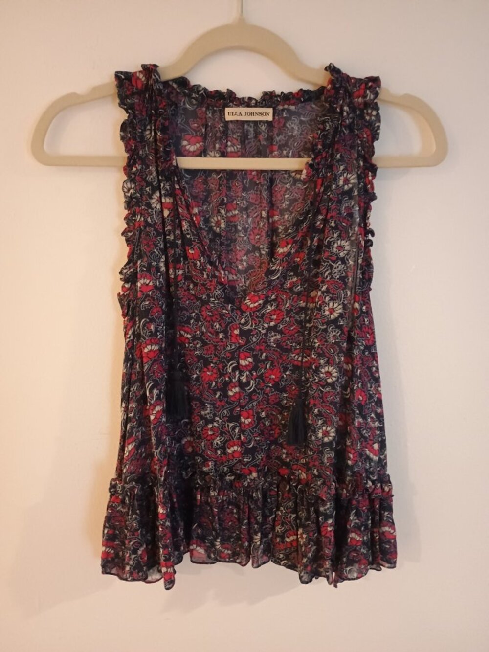 Ulla Johnson 100% Silk Ruffle Sleeveless Blouse Blue Pink Floral Sz 4